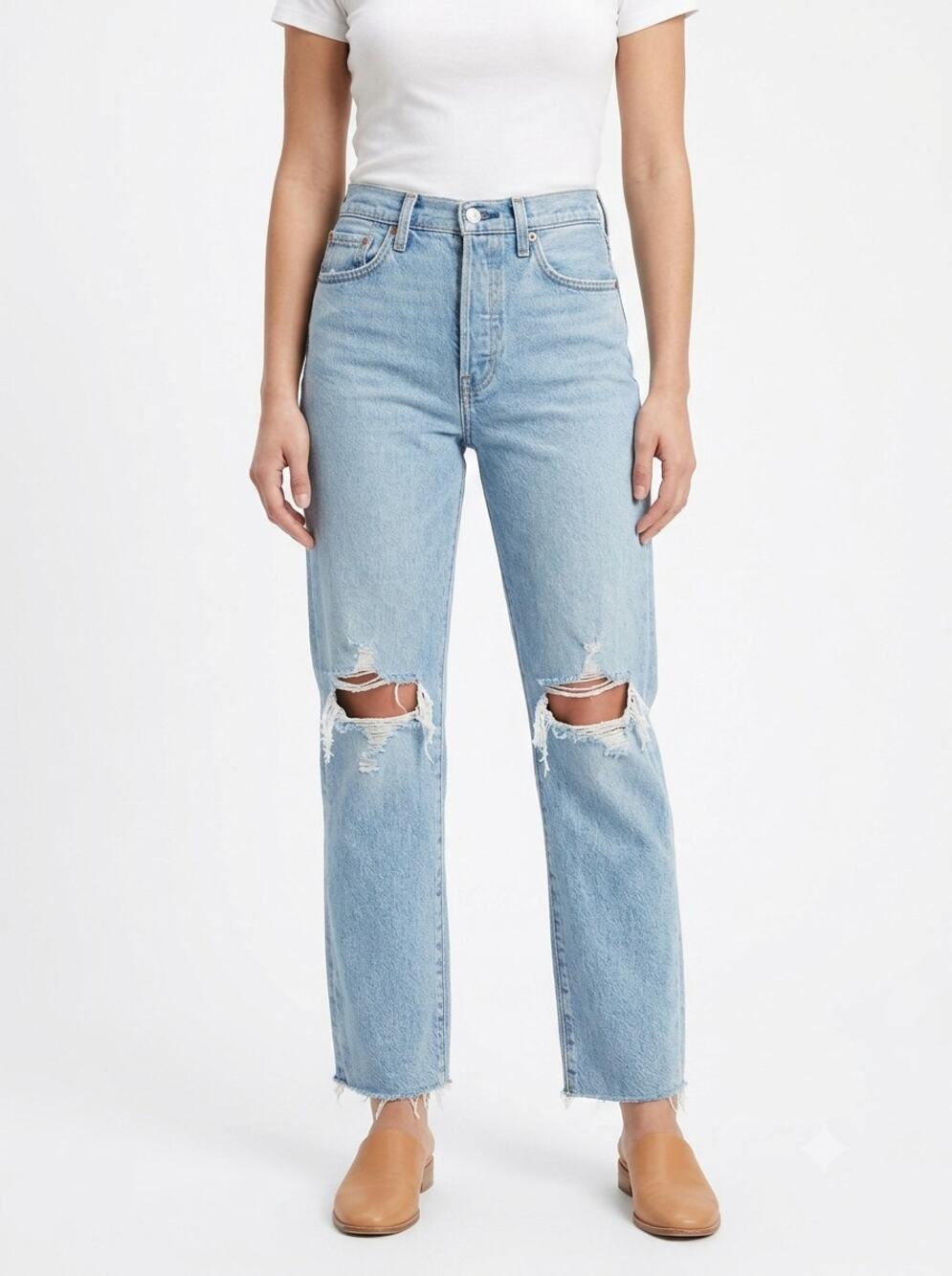 Levi's Ribcage Straight Ankle Jeans Womens 24x27 Blue Denim Distressed Raw Hem